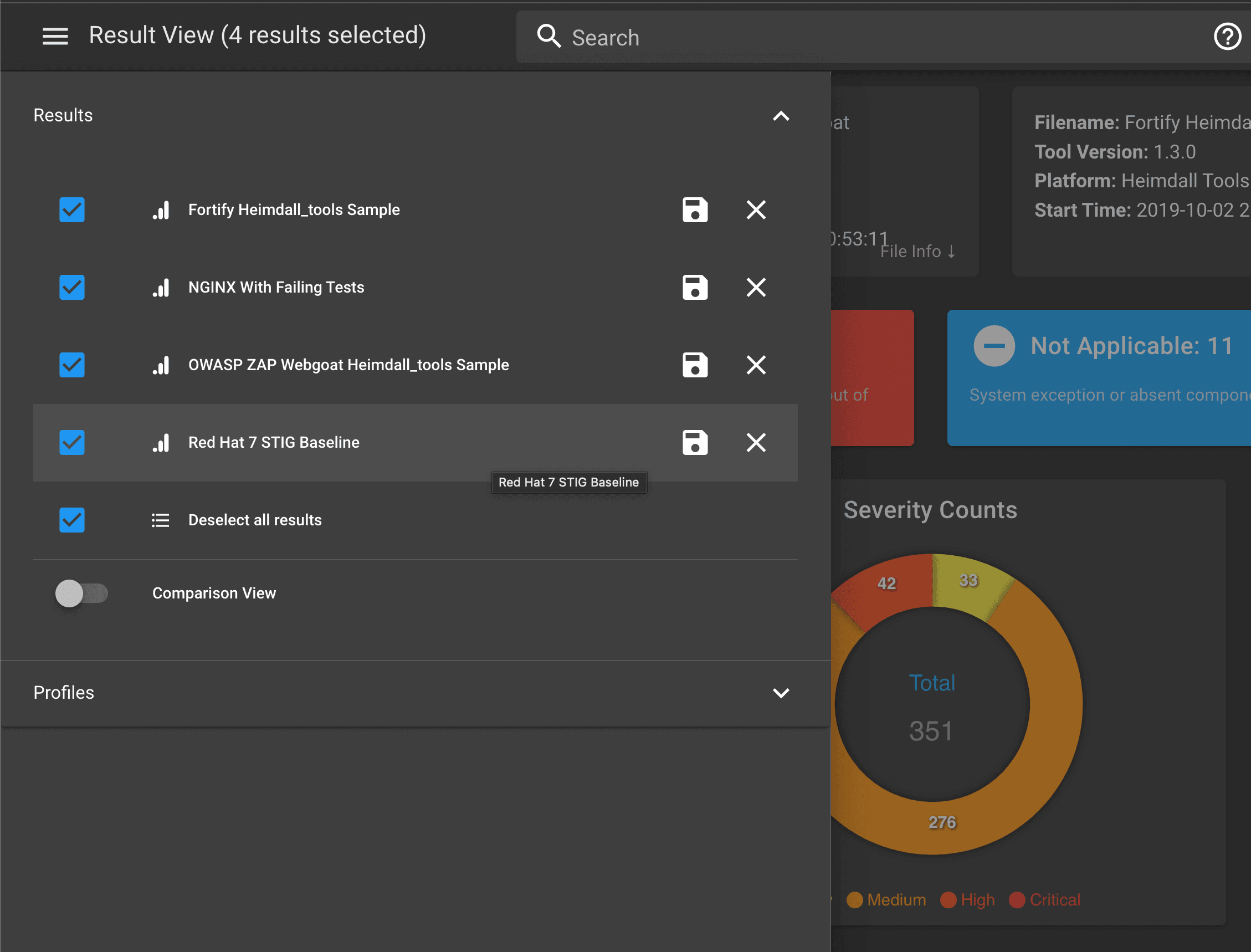 Picture of Heimdall application demonstrating how mutliple security scans can be displayed at once