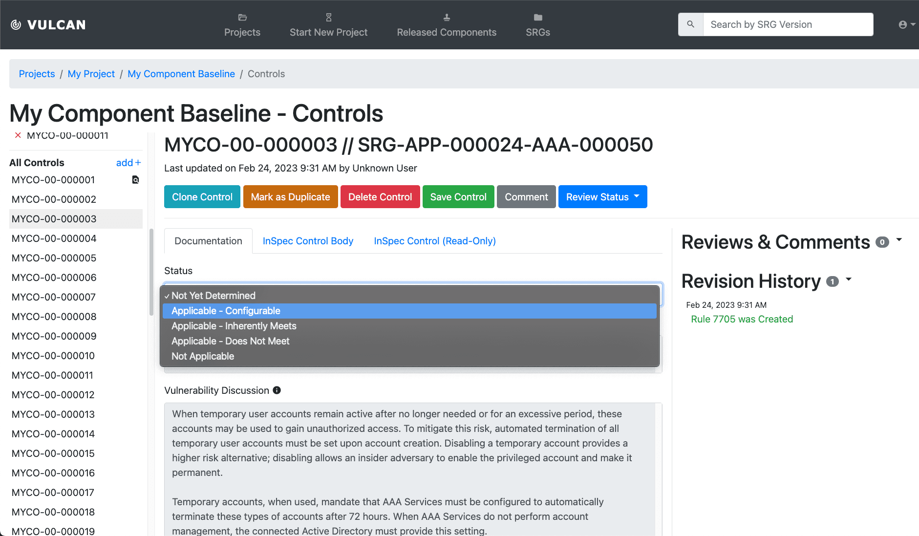 Picture of Vulcan application demonstrating sorting and filter features