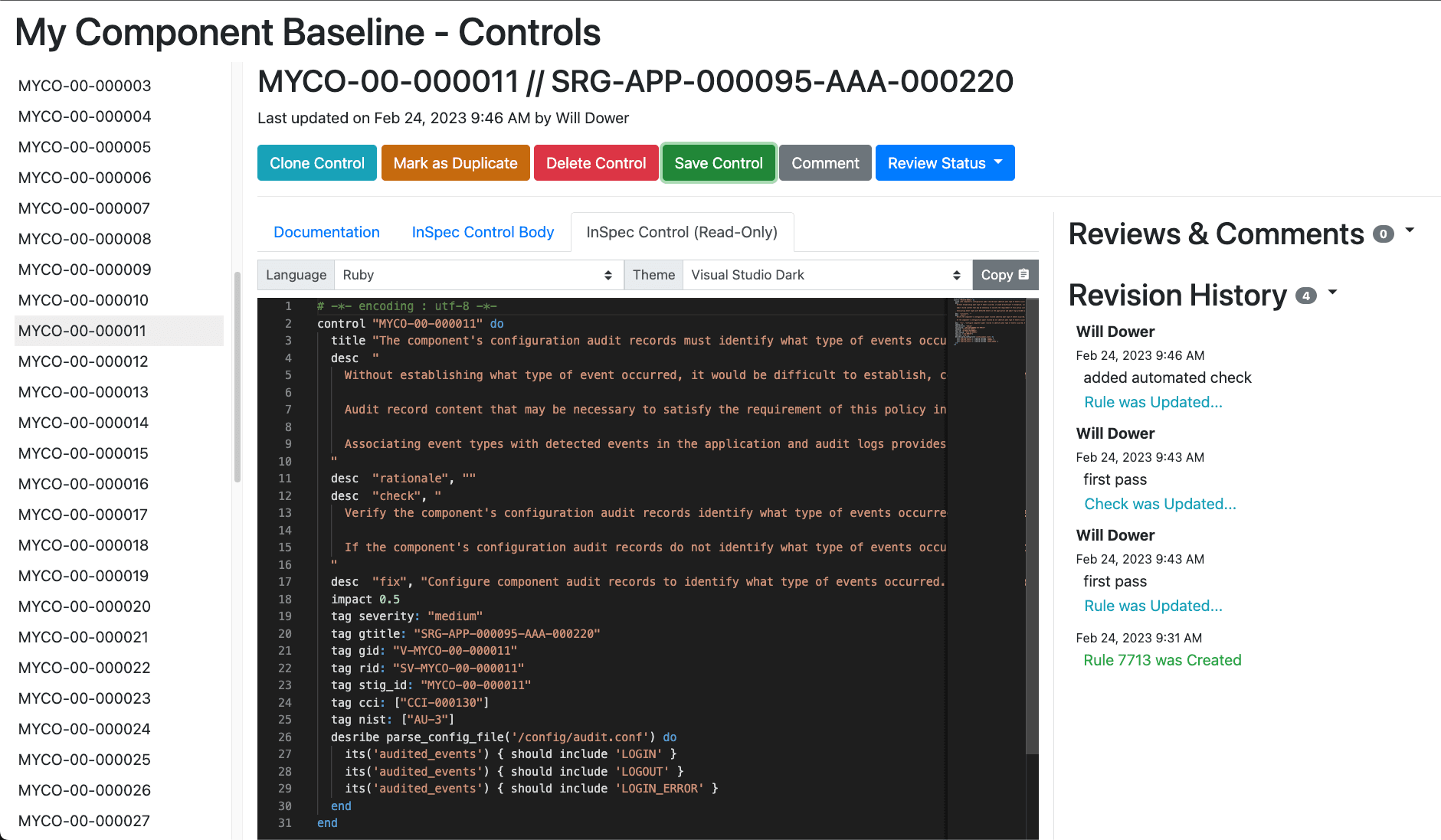 Picture of Vulcan application showing included InSpec testing framework